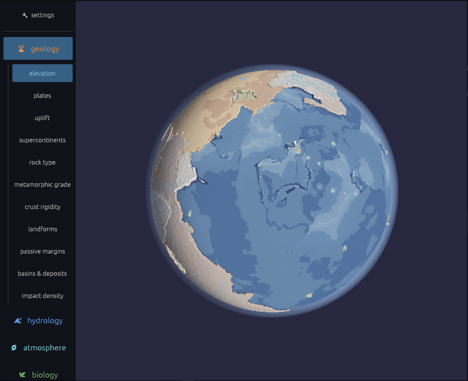 The Kano world builder — a generated planet beside its layer strip: geology, hydrology, atmosphere, biology