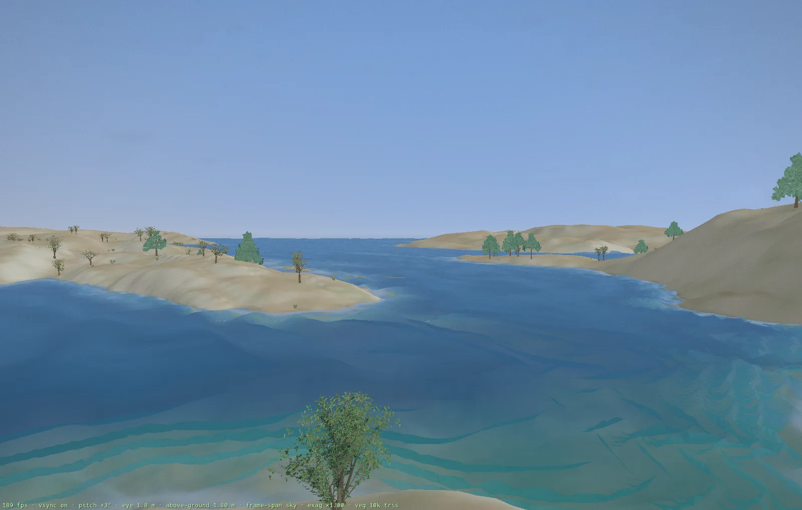 Hīkoi — looking across clear water to generated islands, shoreline and vegetation from the same seed