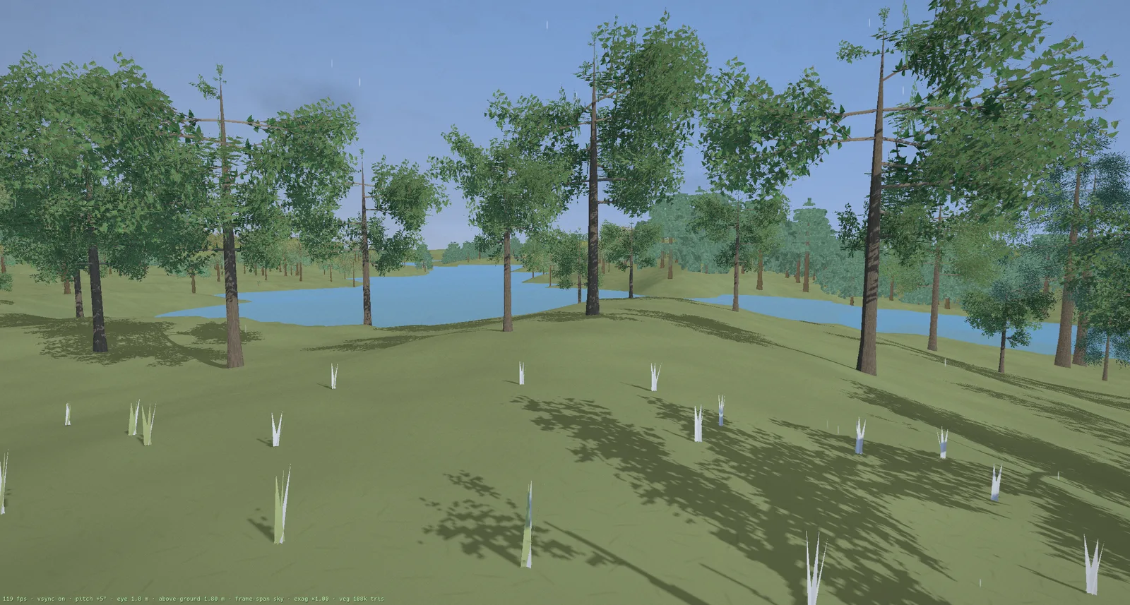 Hīkoi — a lakeside stand of trees at midday, every tree grown by the world