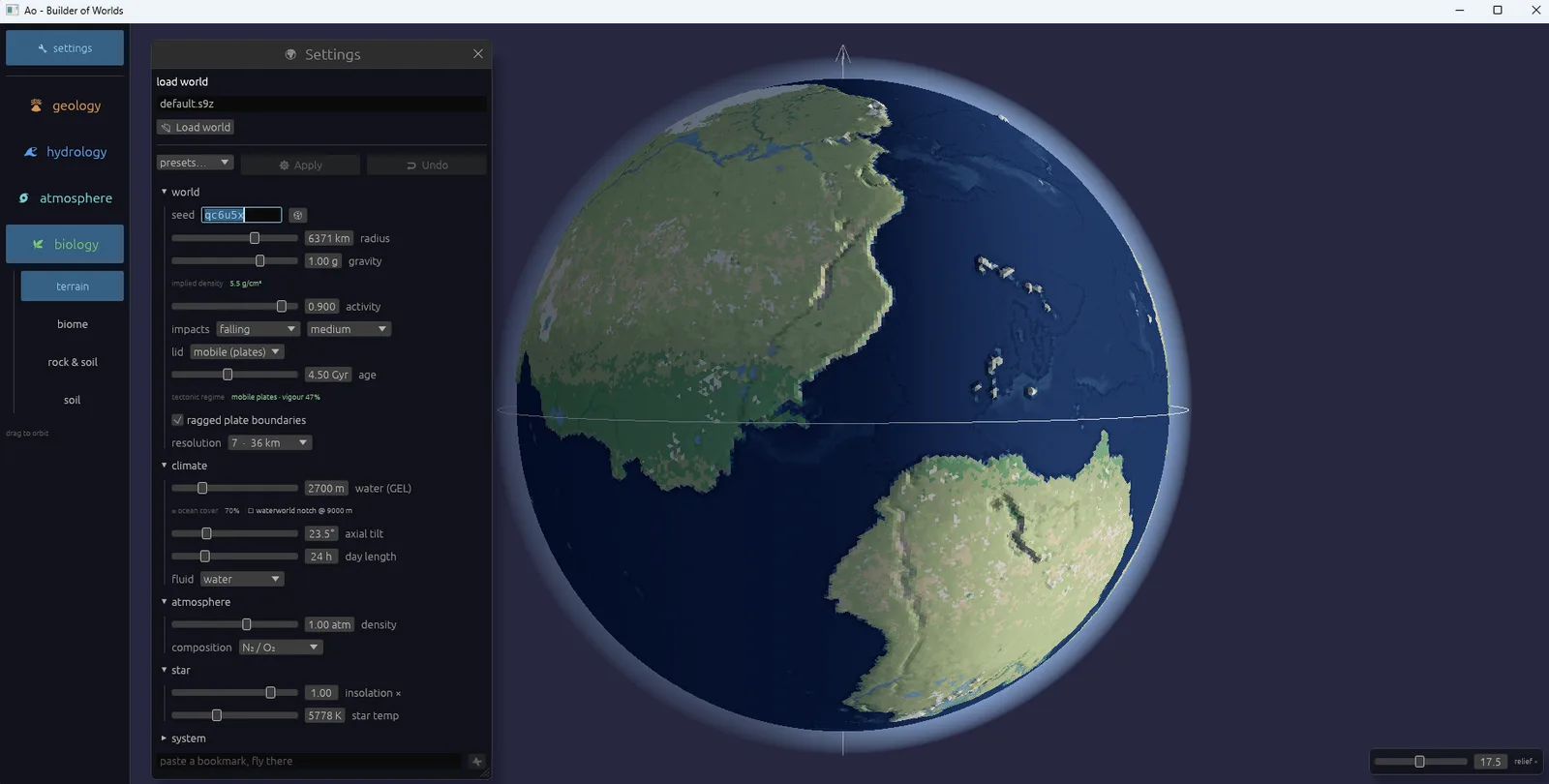 Ao, the Kano world builder — a planet beside its settings panel, with the seed field at the top and the geology, hydrology, atmosphere and biology layers in the nav