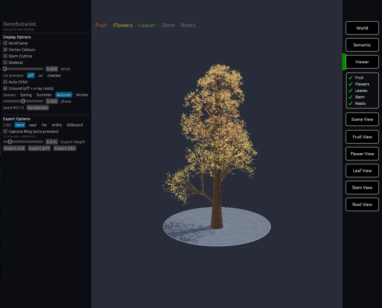 The botanist studio — a hero tree turned gold by the season system, its autumn phase set alongside spring, summer and winter