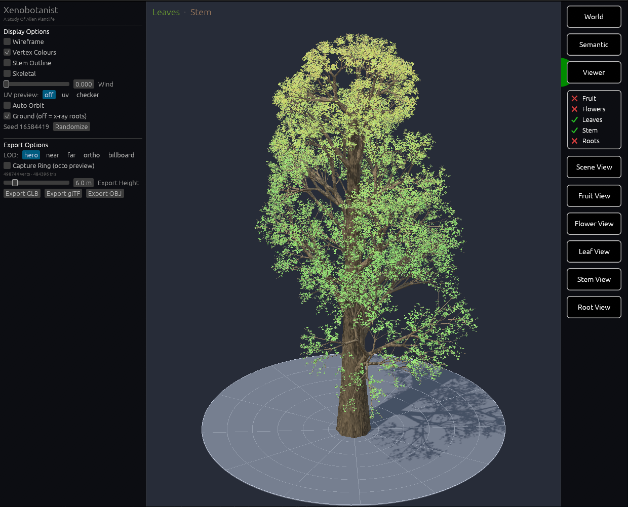 The botanist studio — a single hero tree in full leaf on the study disc, with per-part views for fruit, flowers, leaves, stems and roots